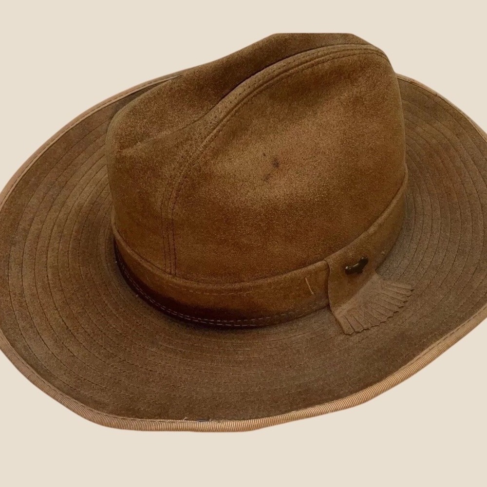 Buflex Genuine Leather Cowboy Hat Mens M Tan Ranch Fedora USA Union Made Vintage